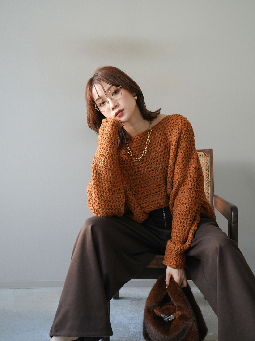 [予約]ネップ透かし編みオーバーニット/camel