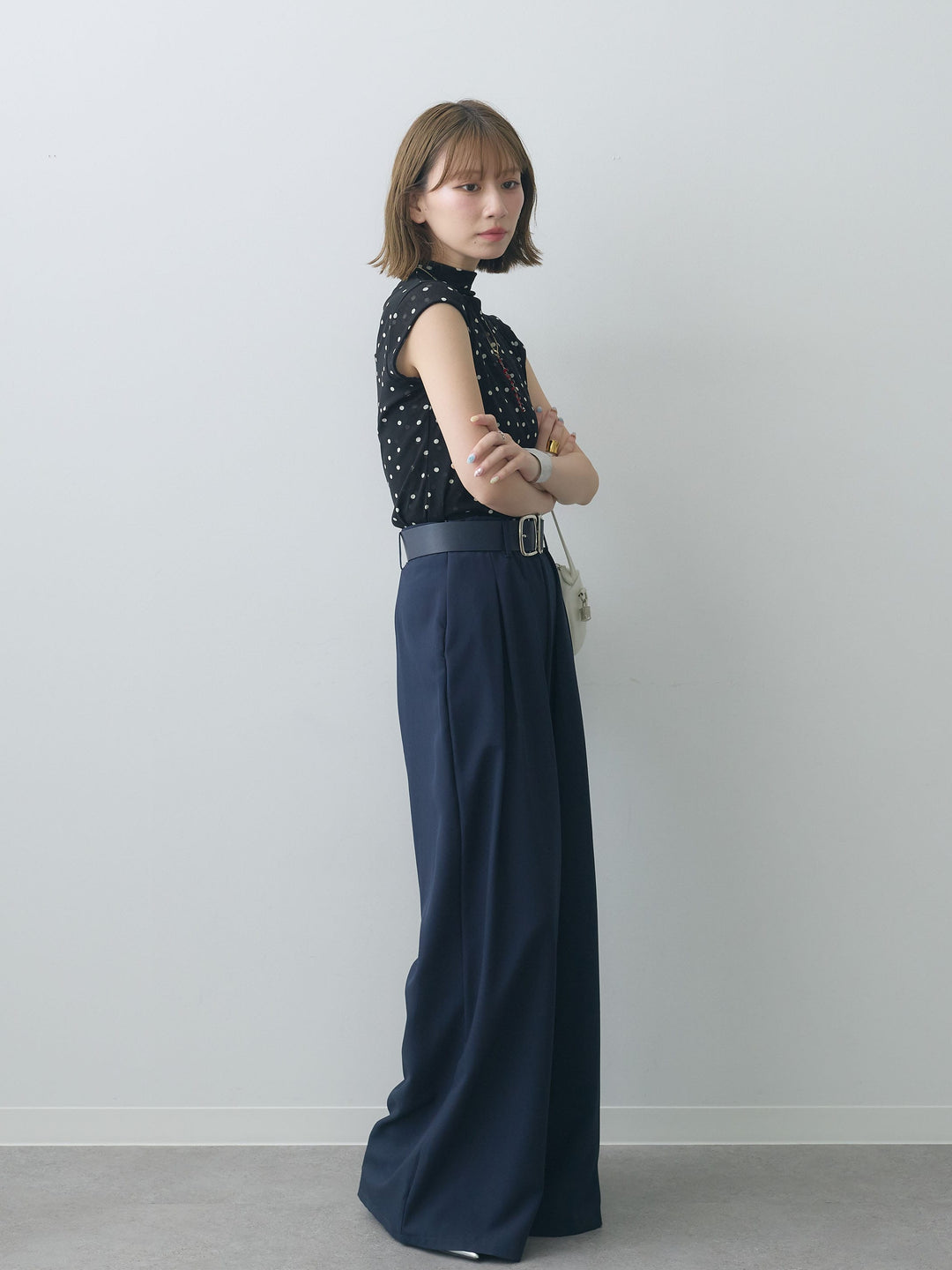 [SET]プチネックドットシアートップス+ダブルバックルベルト付ワイドパンツ(2set)