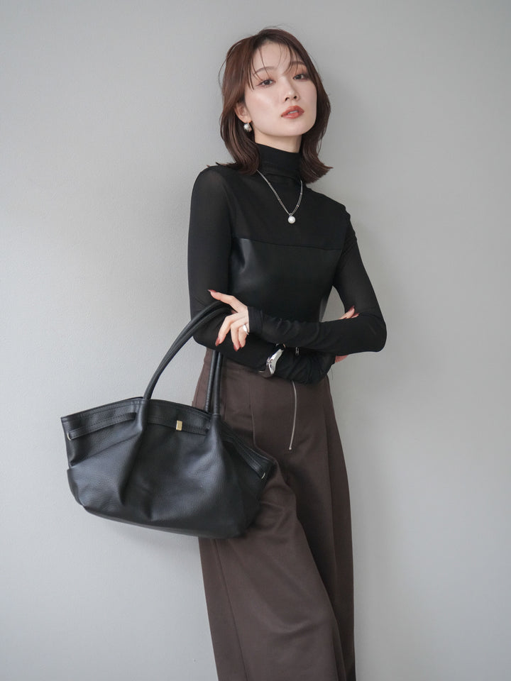 [予約]レザー切替プチネックシアートップス/black