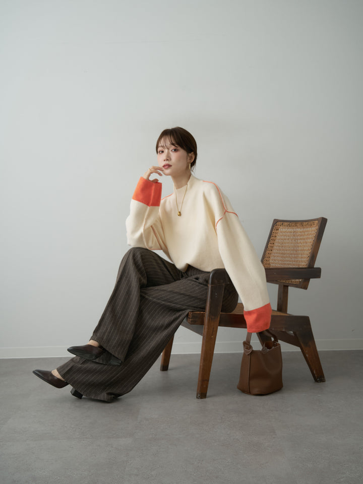 [予約]バイカラートリムワイドハイネックニットトップス/ivory