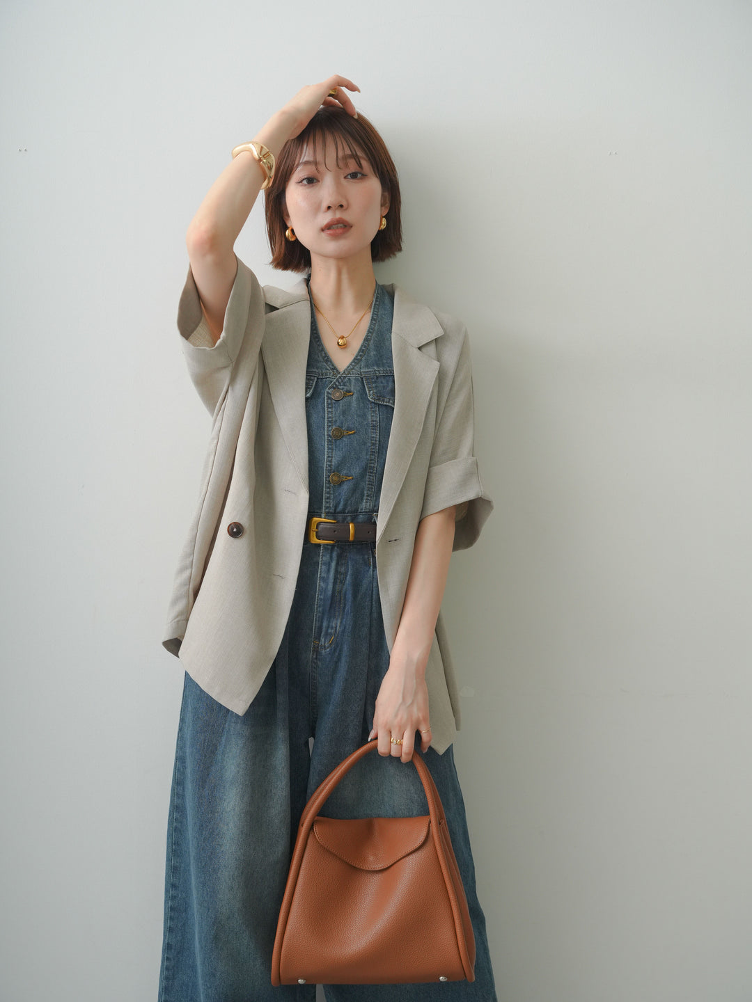[予約]ベルト付ホルターデニムオールインワン/lightblue
