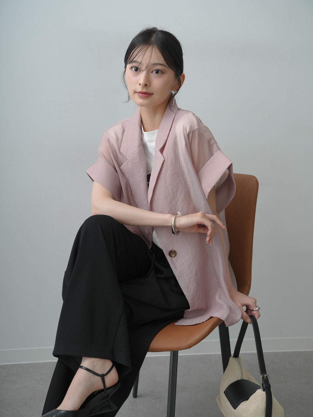 [SET]シアーオーバー半袖ジャケット+ショルダータックノースリーブオーバーTEE+リラックスドレープスウェットパンツ(3set)