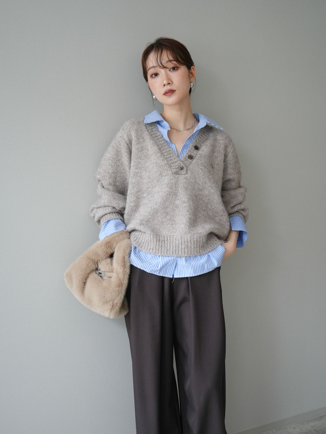 [SET]ストライプシャツドッキングMIXヤーンニットプルオーバー+ベルトループデザインワイドパンツ(2set)