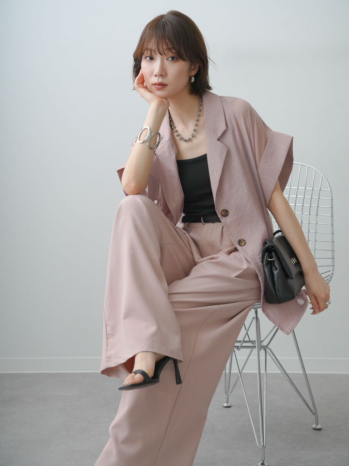 [SET]シアーオーバー半袖ジャケット+カップ付バックレースキャミソール(2set)
