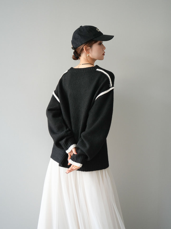 [予約]バイカラーパイピングニットプルオーバー/black