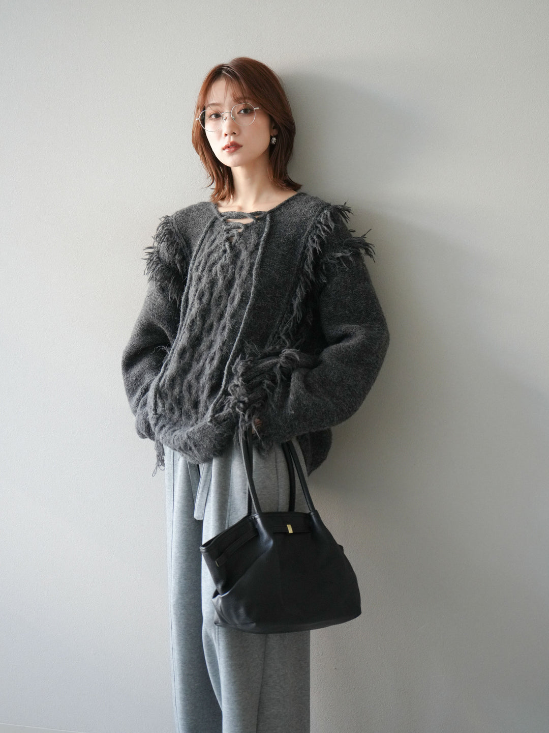 [予約]レースアップフリンジニットプルオーバー/gray