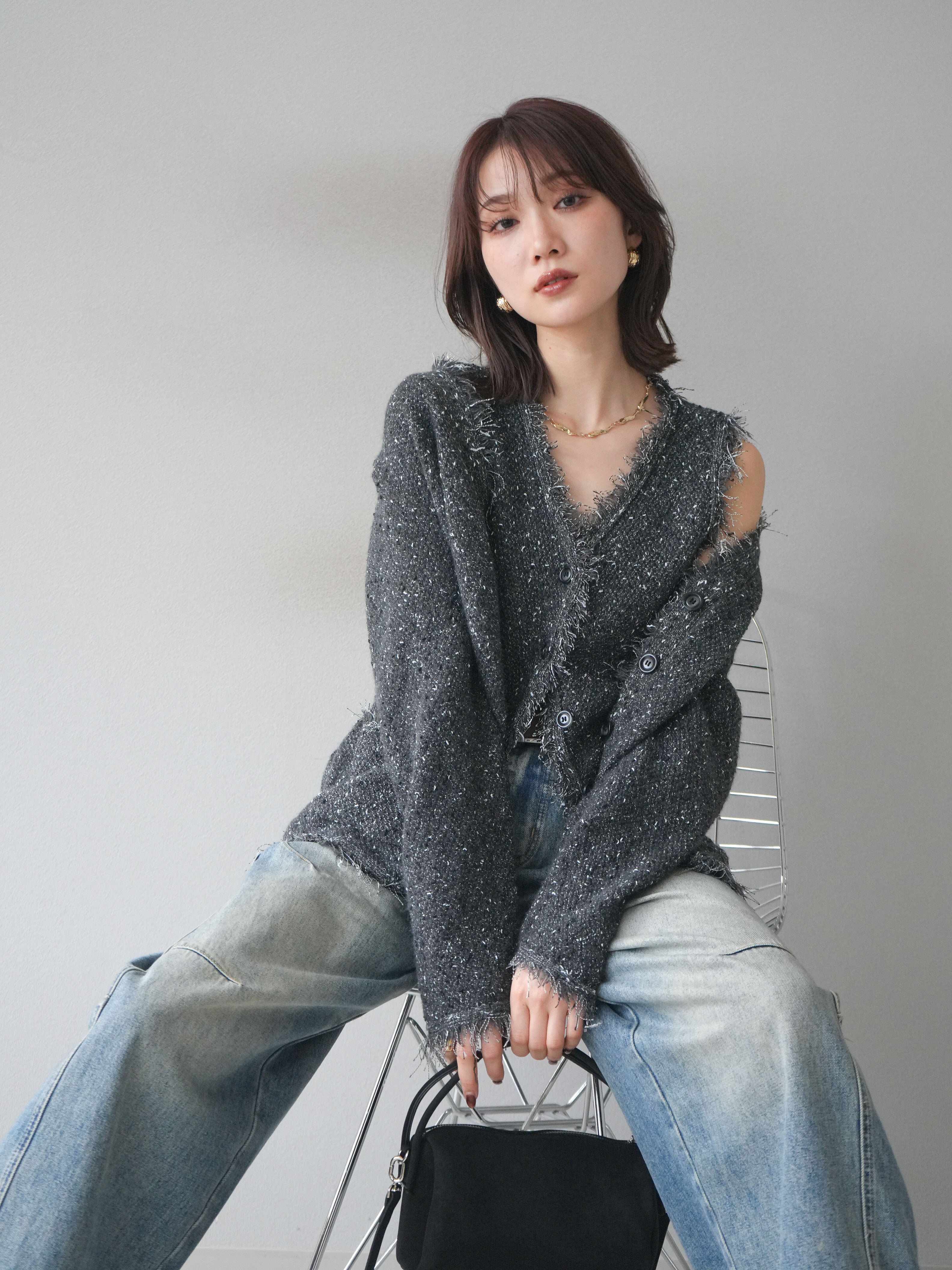 【美品✨】ルネ　カーディガン　アウター　羽織り　ツイード　36 ぺプラム 予約]ネップフリンジニットカーディガン/ gray – Lumier