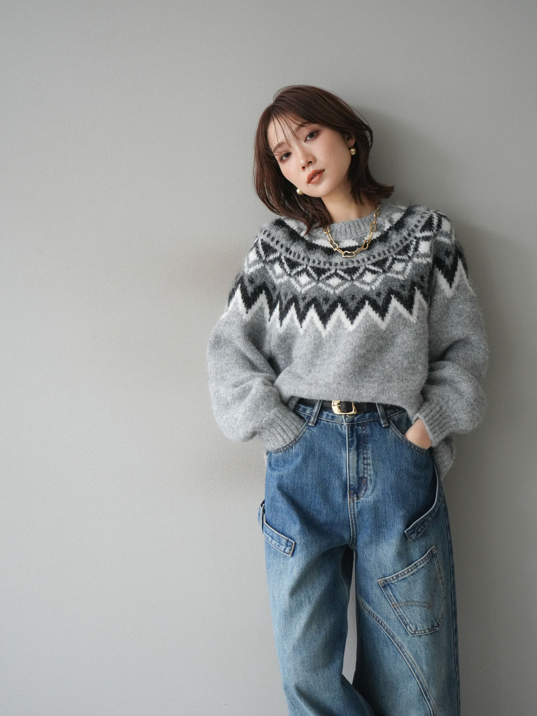 [SET]求心柄オーバーニットプルオーバー+ペインターカーブデニムパンツ(2set)