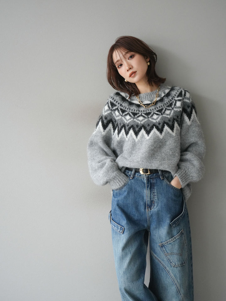 [SET]求心柄オーバーニットプルオーバー+ペインターカーブデニムパンツ(2set)