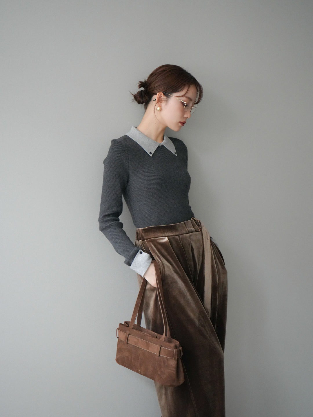 [予約]ニットカフス襟付き配色リブニットトップス/charcoal