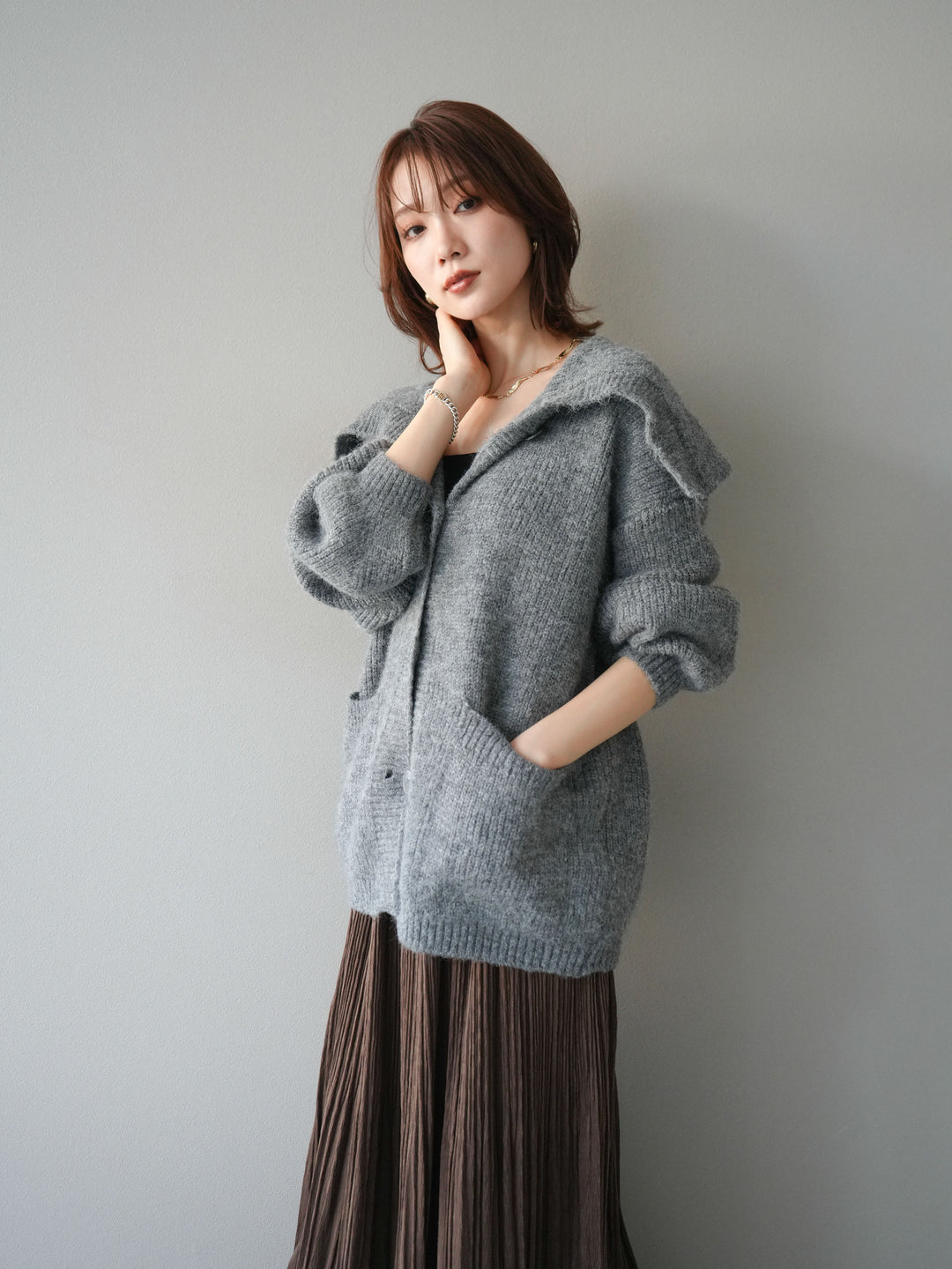 [予約]襟付きボタンオーバーニットカーディガン/gray