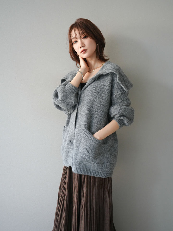 [予約]襟付きボタンオーバーニットカーディガン/gray