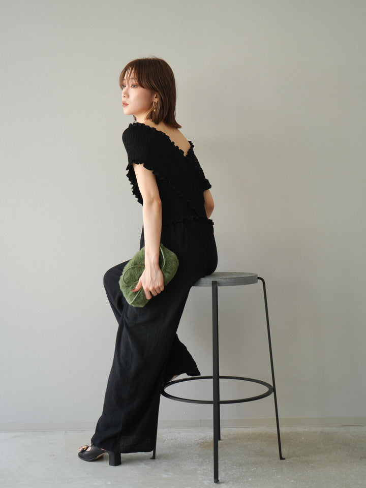 [予約]シャーリングクロスサロペット/ブラック