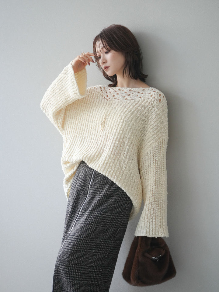 [予約]ボートネック透かし編みニットプルオーバー/white