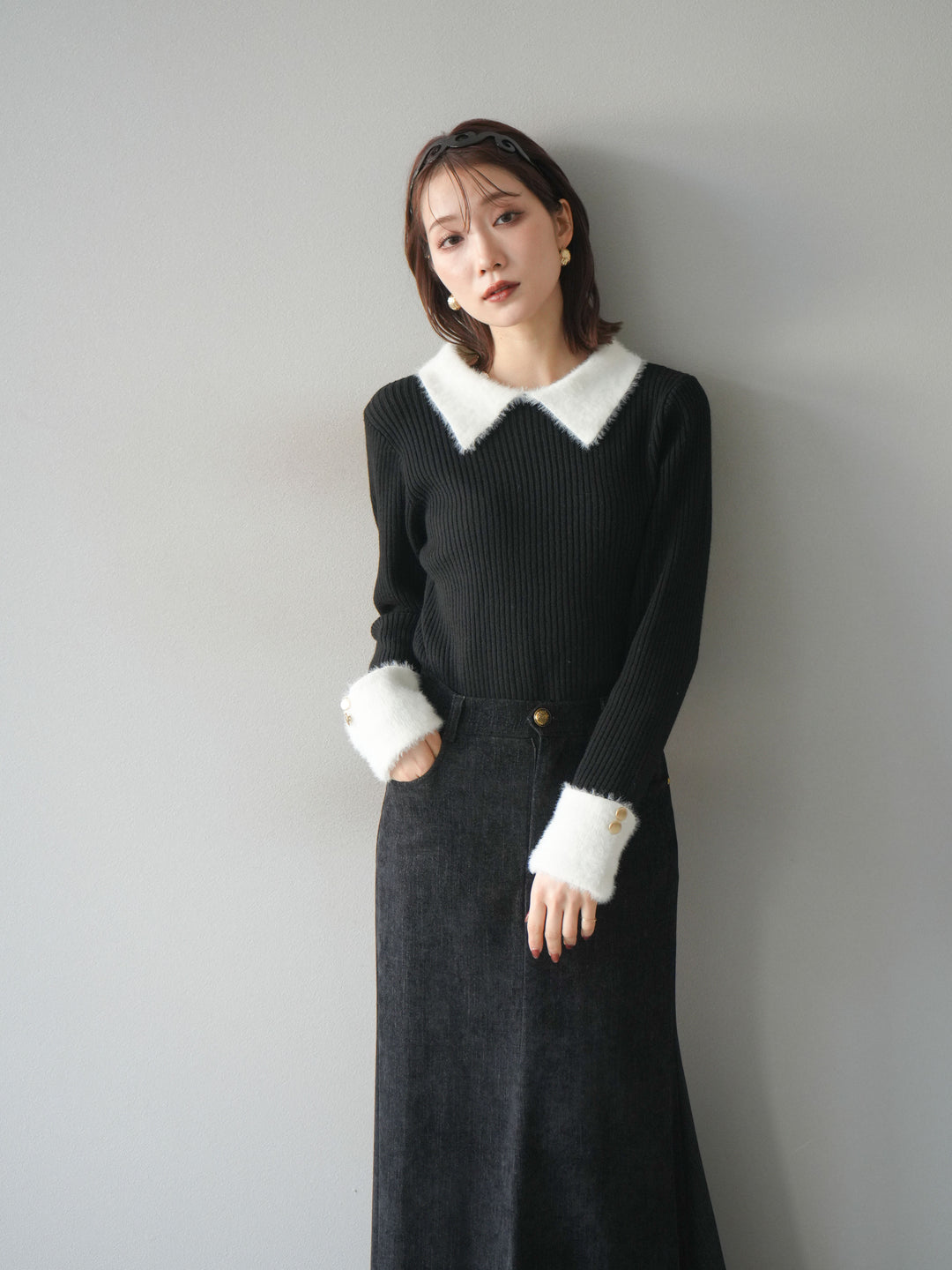 [SET]シャギー襟リブニットトップス+ベルベットマーメイドスカート(2set)