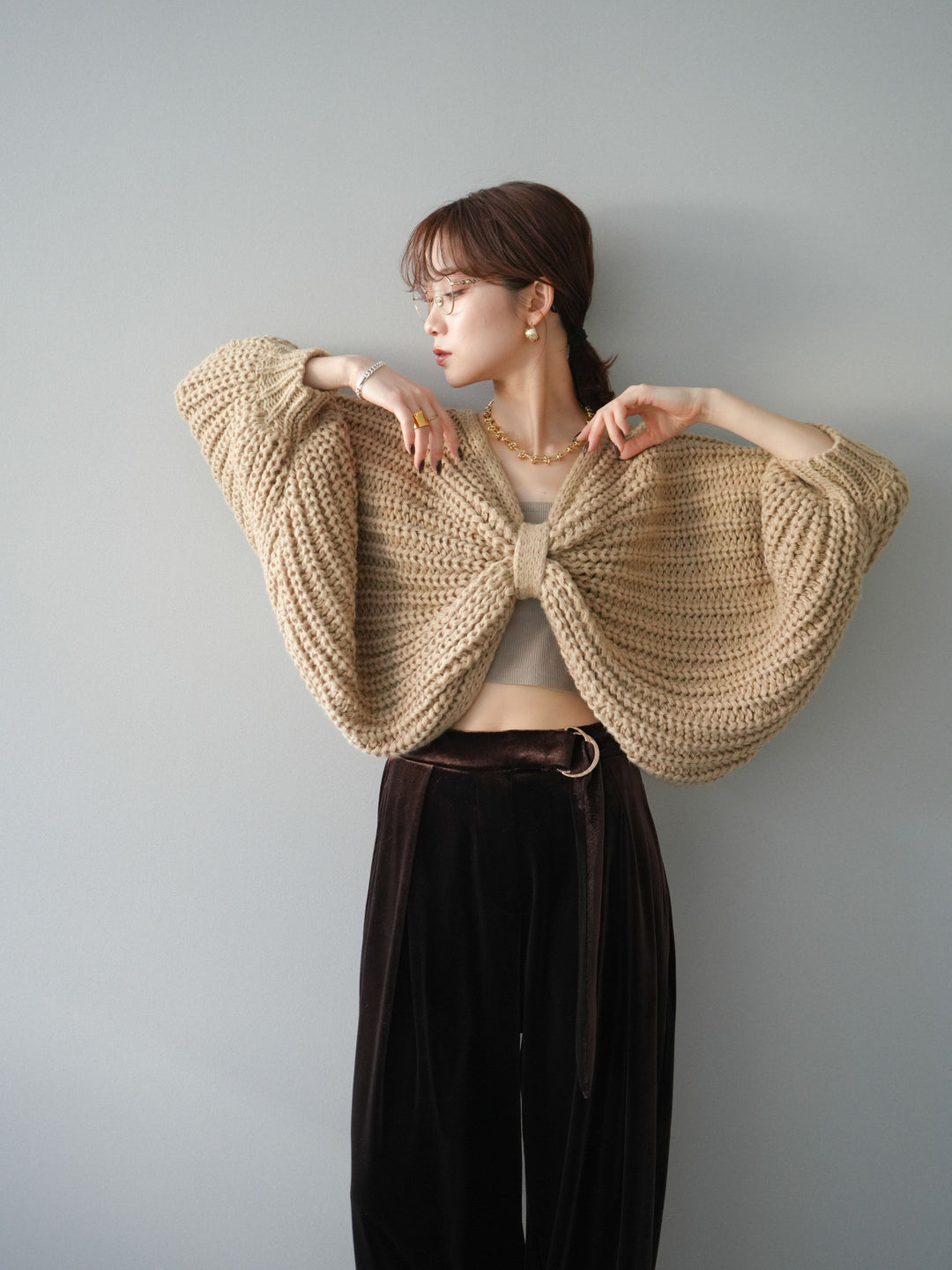 [SET]ローゲージ畦編みドルマンニットボレロ+ベロアベルトスリムパンツ(2set)