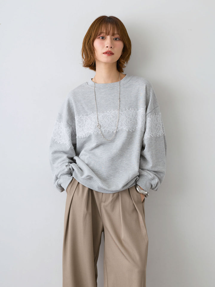 [SET]裏毛レースドッキングプルオーバー+ツイルタックワイドパンツ(2set)