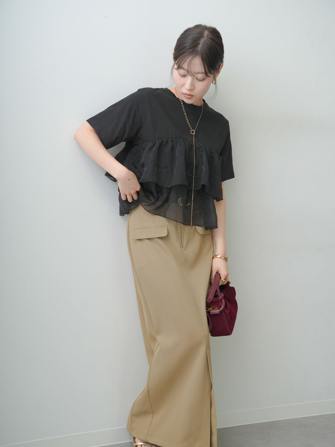 [SET]オーガンジーフリルドッキングTEE+クレープデシンフラップ付きストレートスカート(2set)