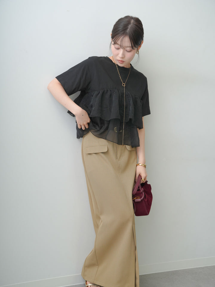 [SET]オーガンジーフリルドッキングTEE+クレープデシンフラップ付きストレートスカート(2set)