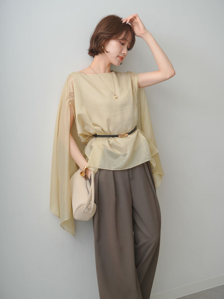 [予約]ベルト付シアーケープレイヤードブラウス/khaki