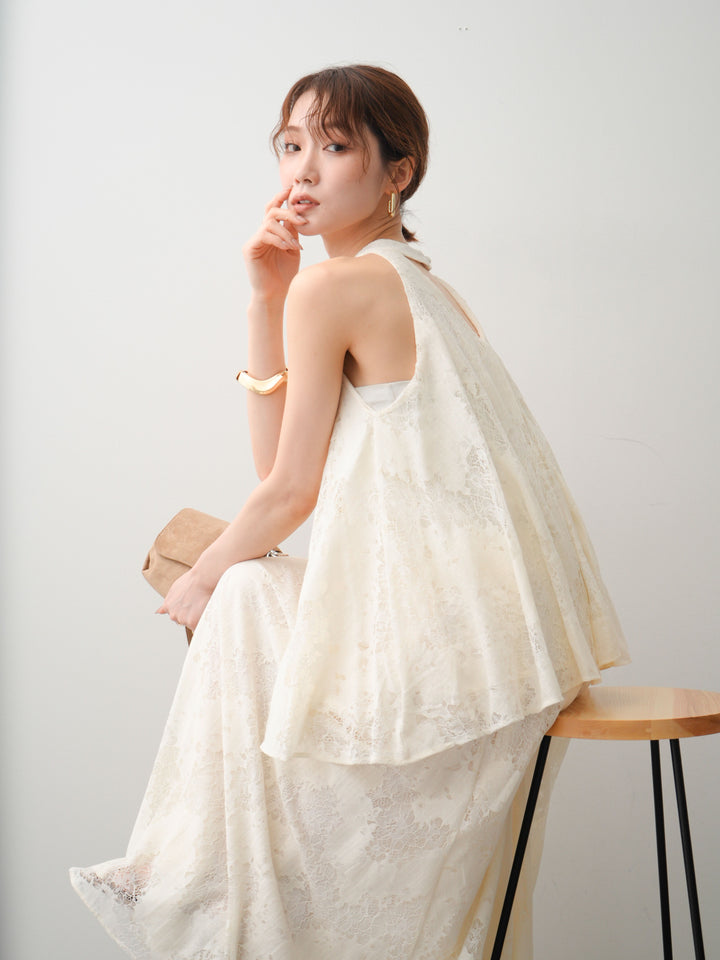 [SET]ベルト付ホルターレースフレアトップス＆レースマキシスカートSET+選べるアクセセット(2set)