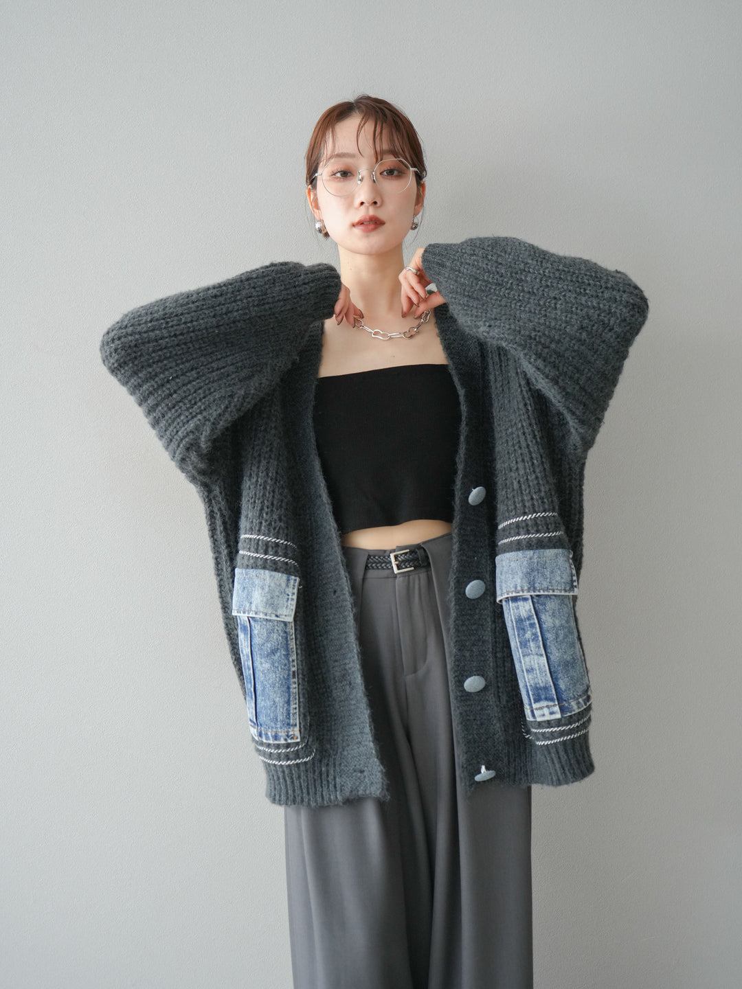 [予約]デニムポケットハンドステッチカーディガン/gray