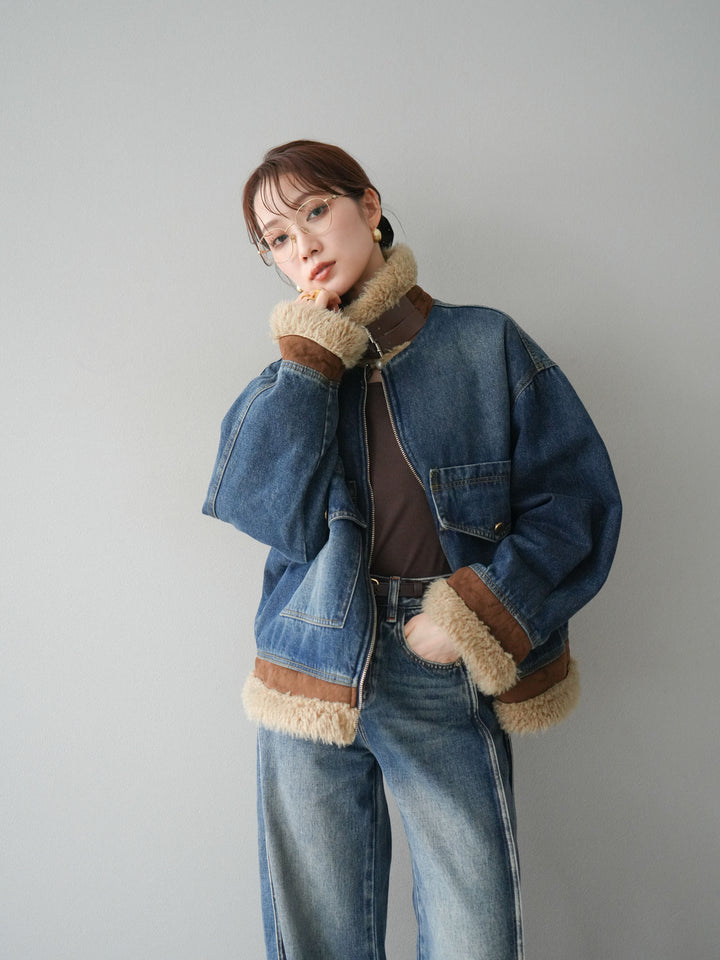 [予約]スタンドカラーファー×デニムジャケット/blue