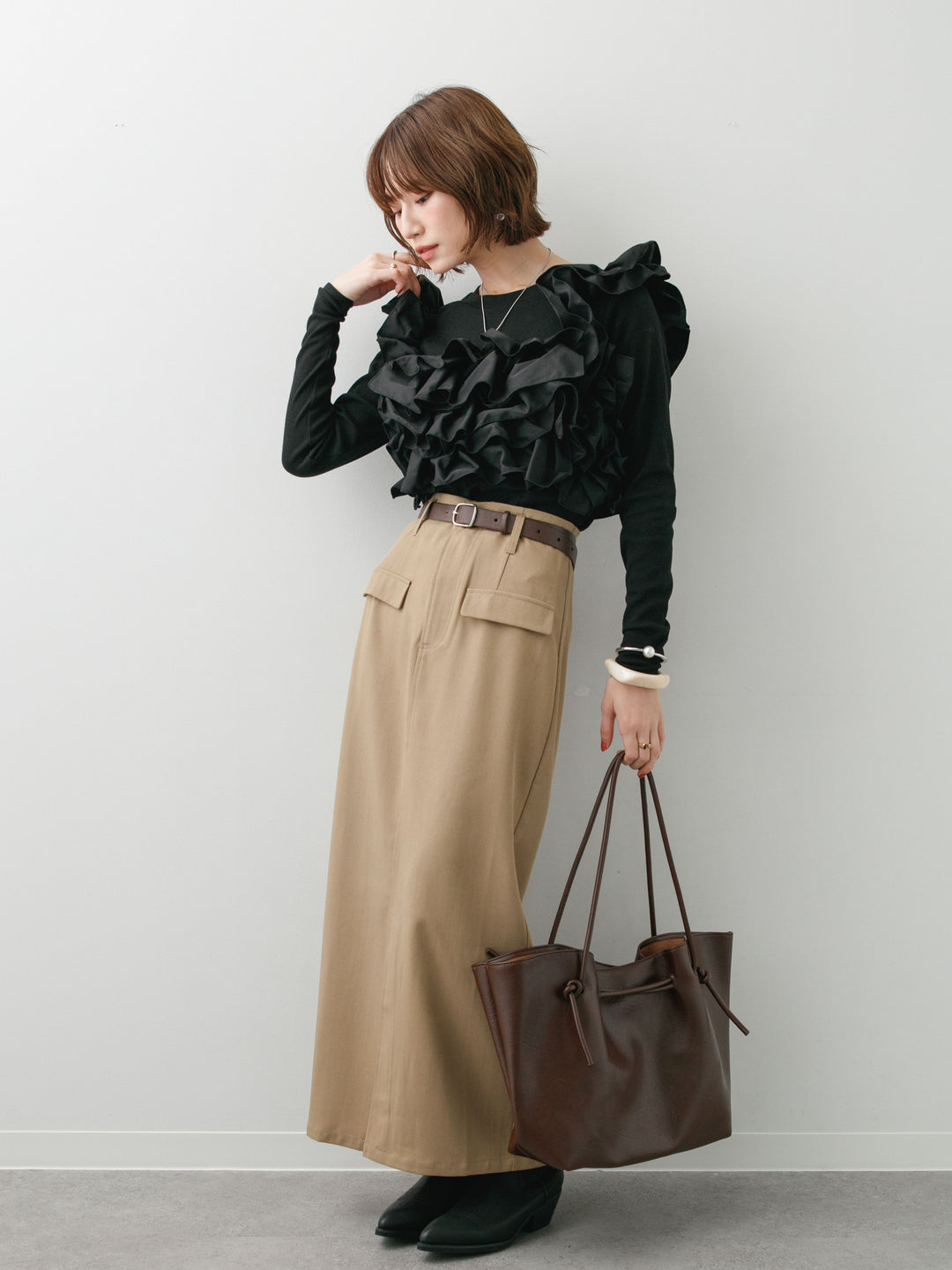 [SET]カットリブマルチWAYトップス+クレープデシンフラップ付きストレートスカート(2set)