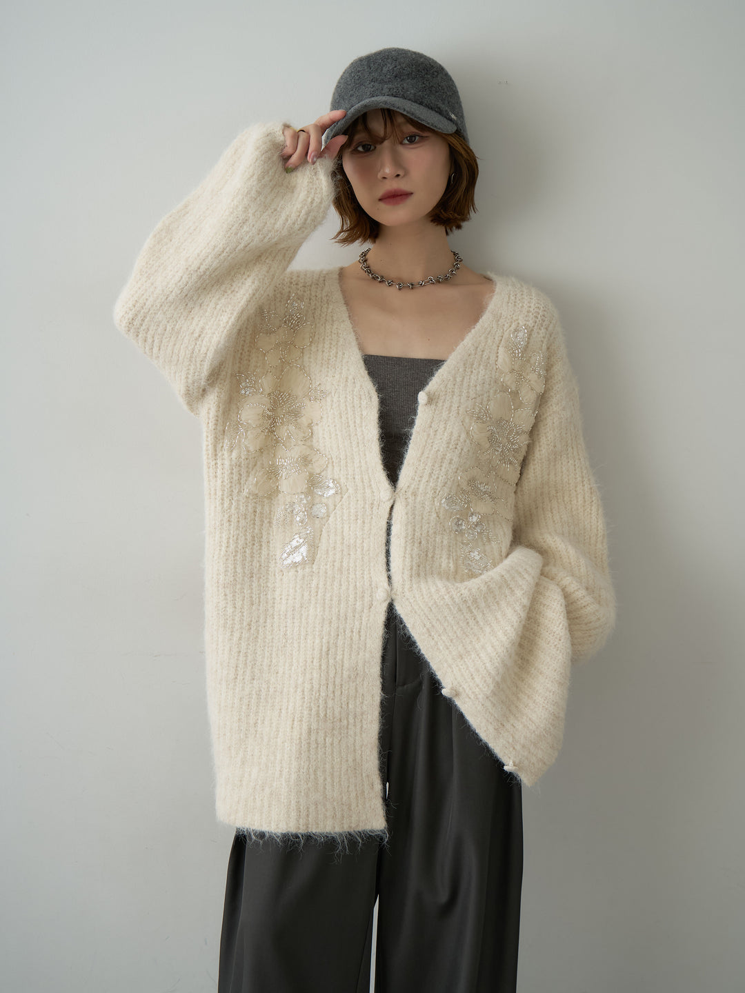 [SET]フローラルビーズニットロングカーディガン+フローラルビーズニットロングカーディガン(2set)
