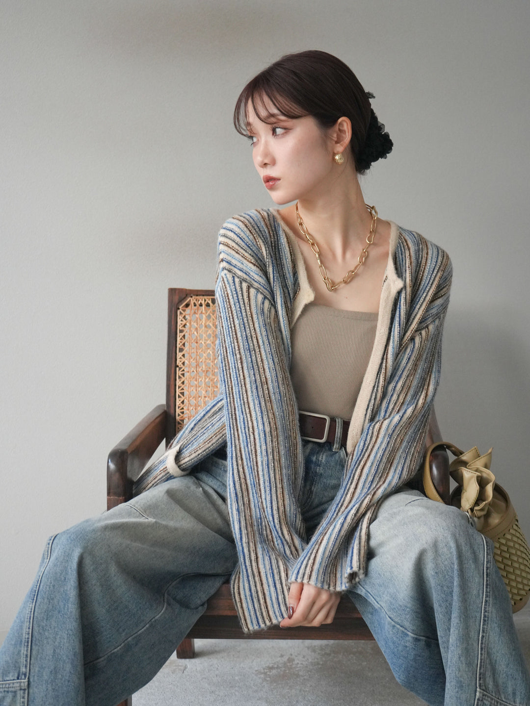 [予約]アンティークボタンストライプニットカーディガン/ivory