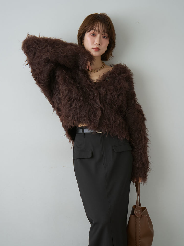 [SET]カーリーフェザーニットカーディガン+カップ付テレコリブベアキャミソール+クレープデシンフラップ付きストレートスカート(3set)