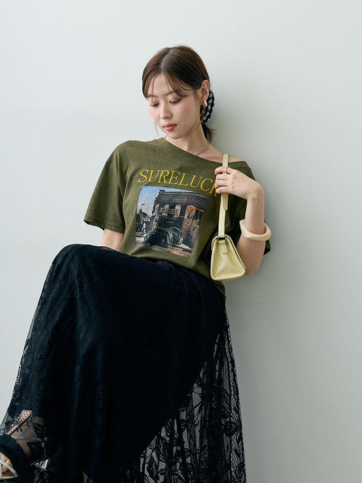 [SET]ワイドネックプリントTEE+ボタニカルパネルレースフレアスカート(2set)