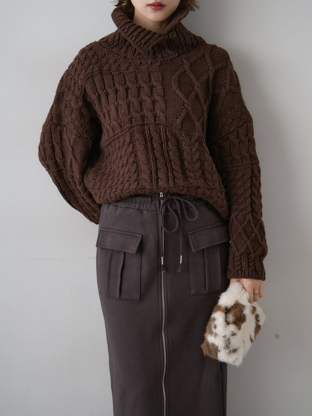 [SET]ネックボタンミックスケーブルニットトップス+選べるアクセセット(2set)