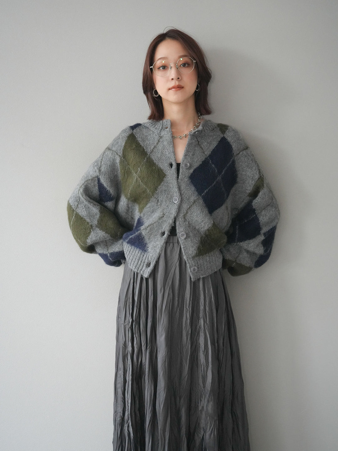 [予約]モヘアタッチアーガイルニットカーディガン/ gray