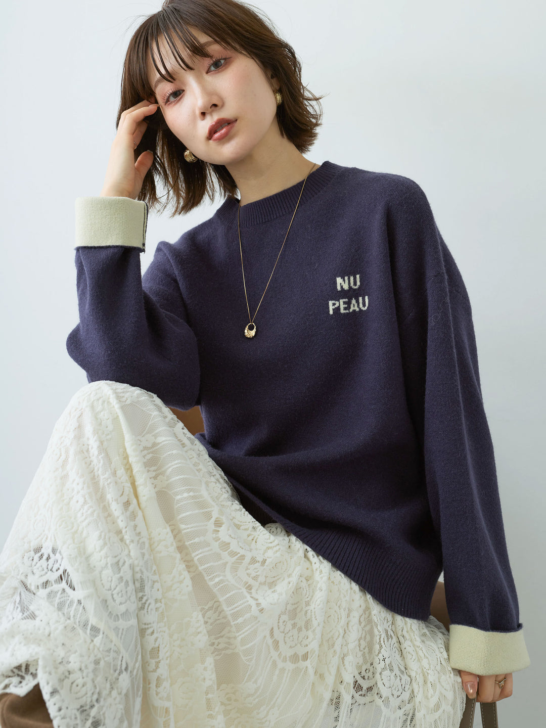 [予約]アルパカタッチバイカラーニットトップス/navy
