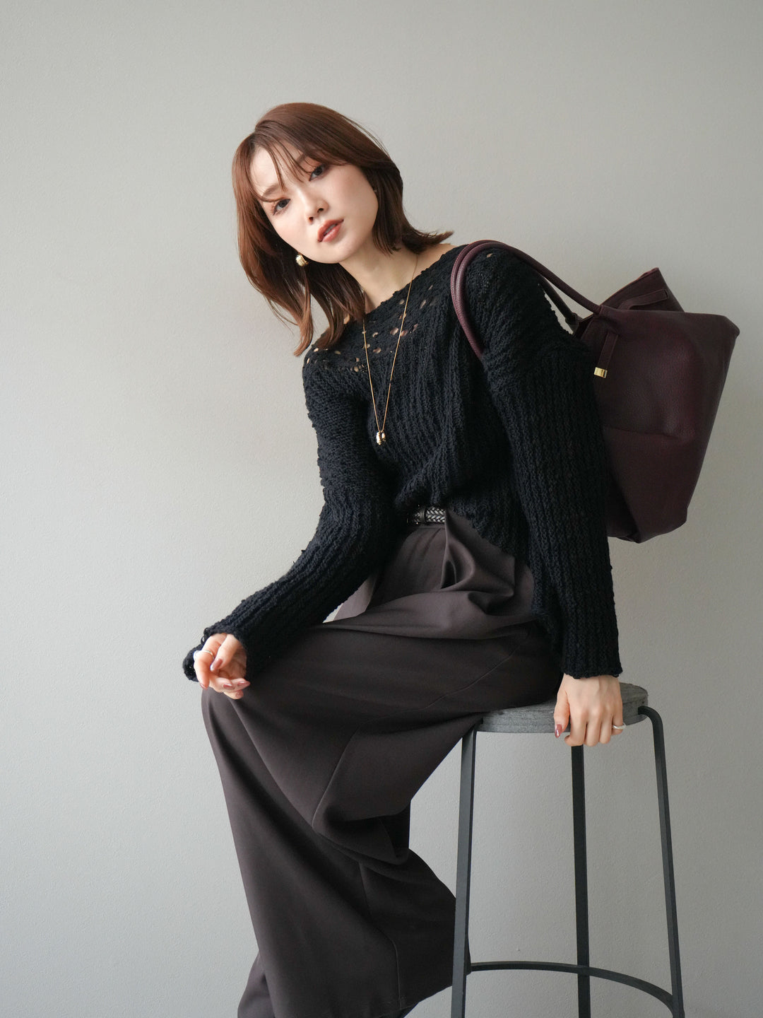 [予約]ボートネック透かし編みニットプルオーバー/navy