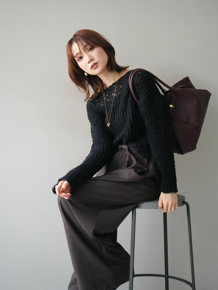 [予約]ボートネック透かし編みニットプルオーバー/navy