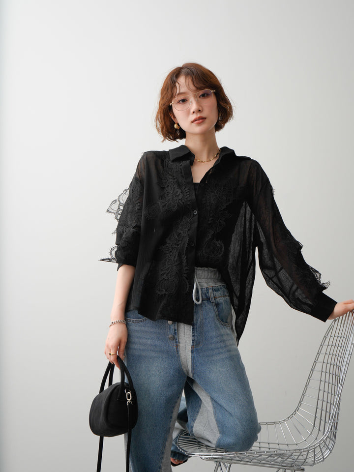 [SET]レースデザインドレープオーバーシャツ+デニム切替スウェットパンツ(2set)