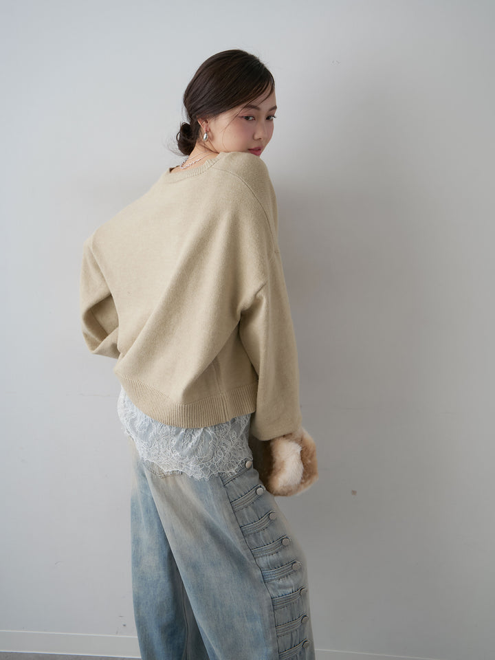 [予約]アルパカタッチレースドッキングVネックニットトップス/beige