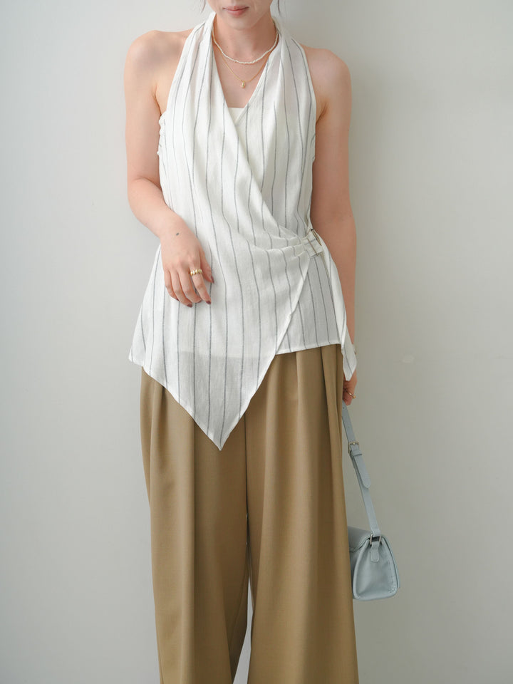 [SET]ストライプカシュクールジレ+クレープデシンタックワイドパンツ(2set)