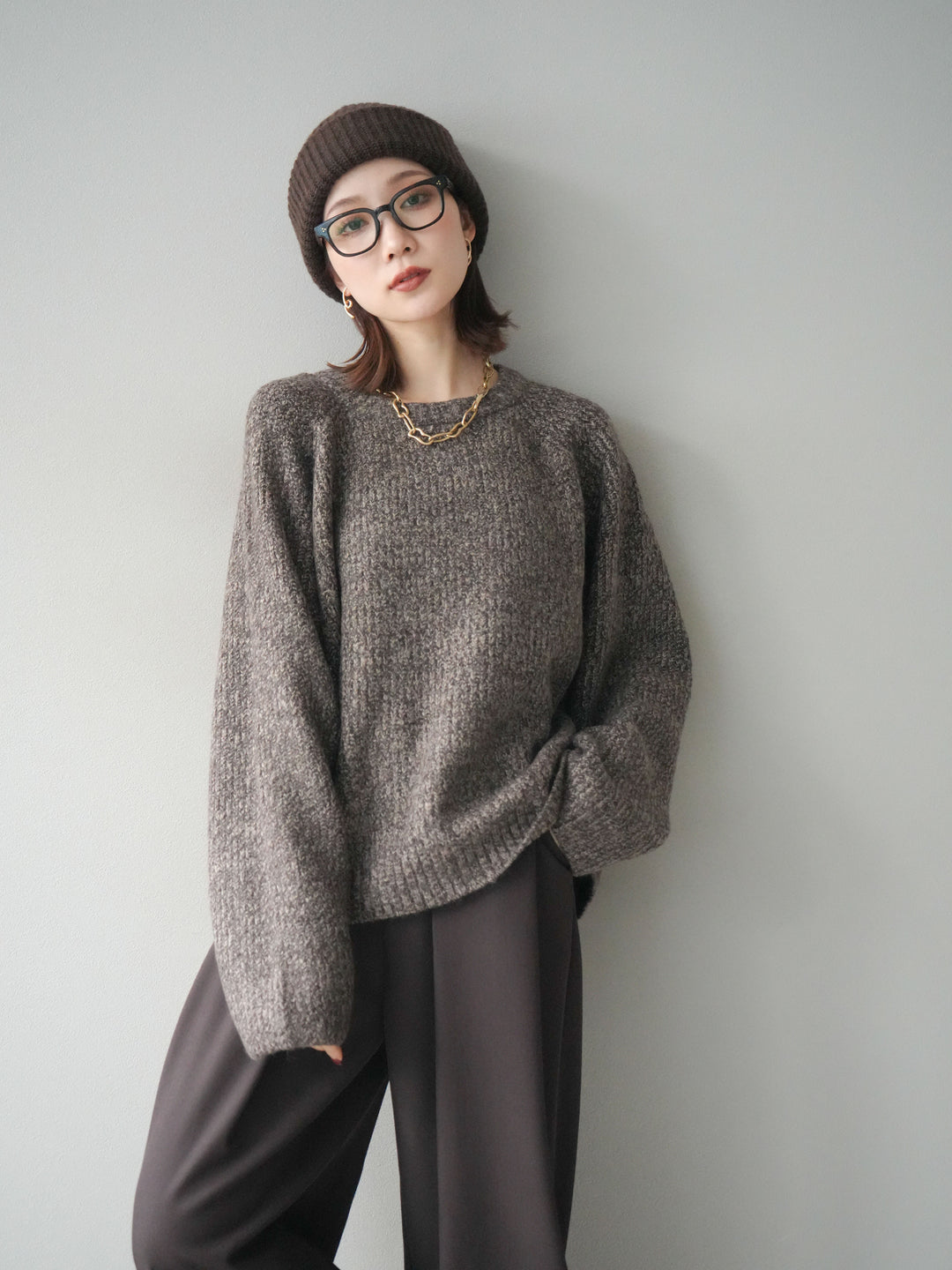 [SET]クルーネック畦編みミックスニット+選べるアクセセット(2set)