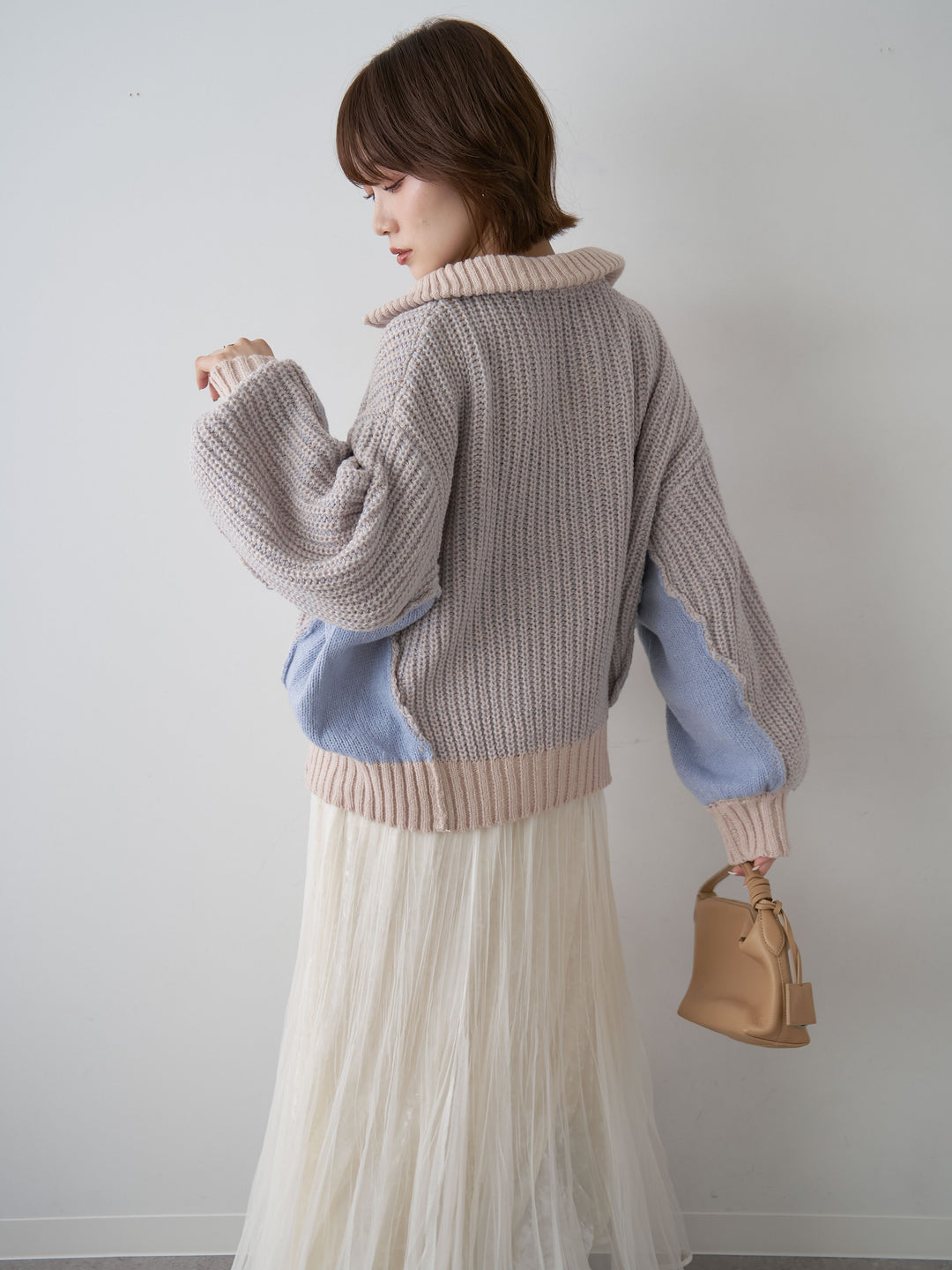 [予約]バイカラーハーフジップリブニットトップス/beige