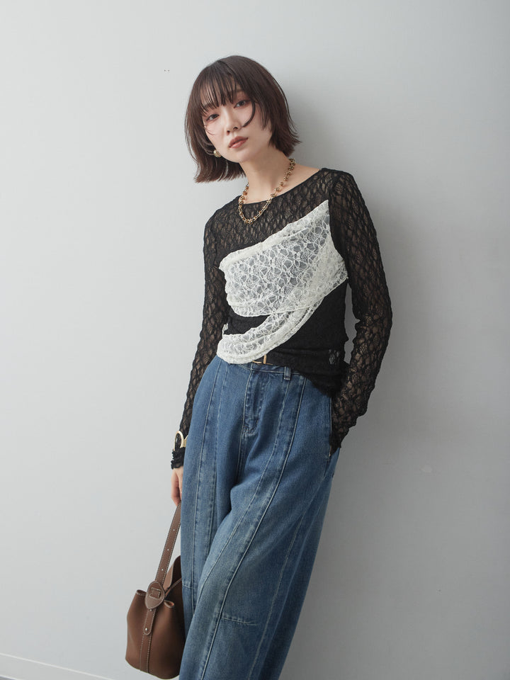 [予約]メッシュレースバイカラートップス/gray