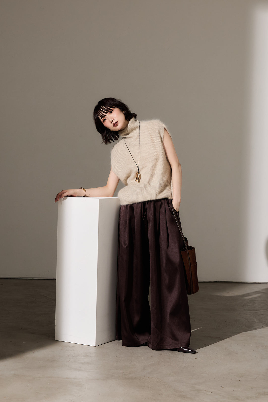 [予約]サテンワイドパンツ/brown