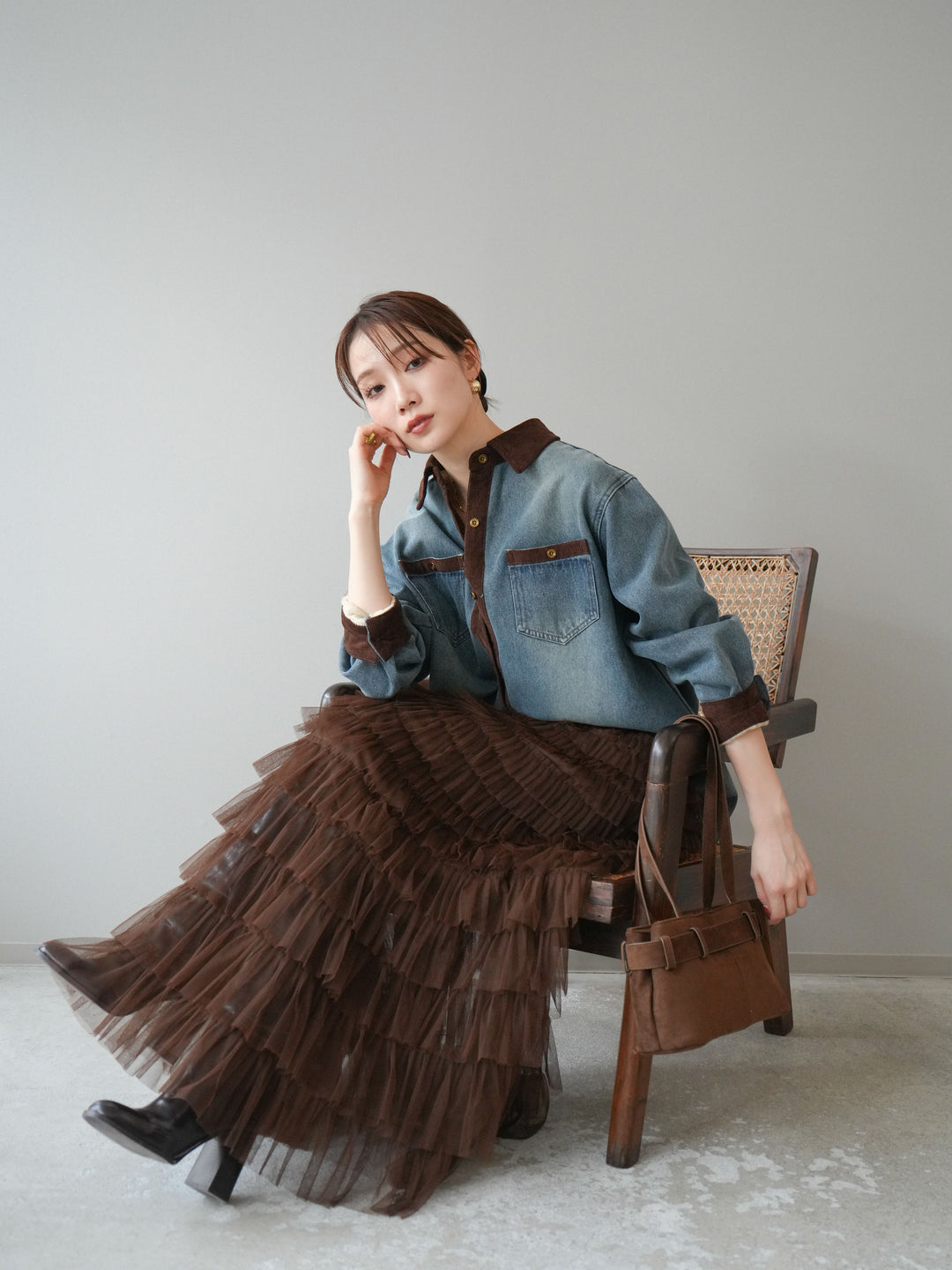 [予約]裏起毛コーデュロイ襟デニムシャツジャケット/ blue