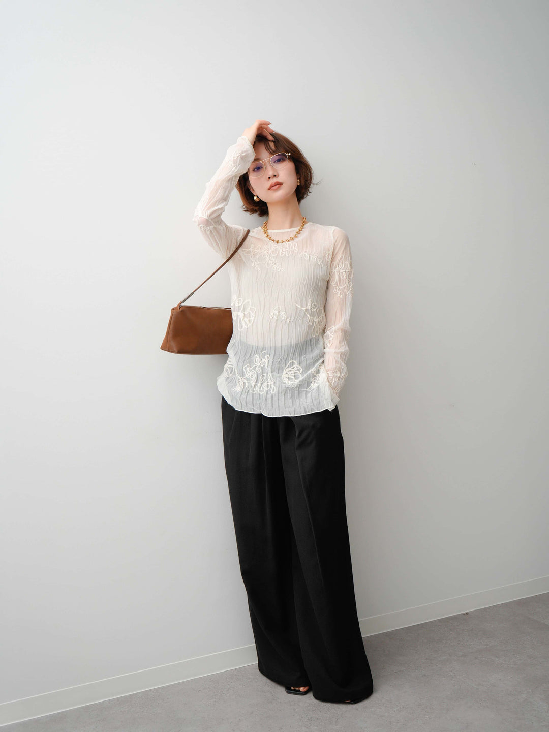 [SET]コード刺繍シアーロングスリーブトップス+コード刺繍シアーロングスリーブトップス(2set)