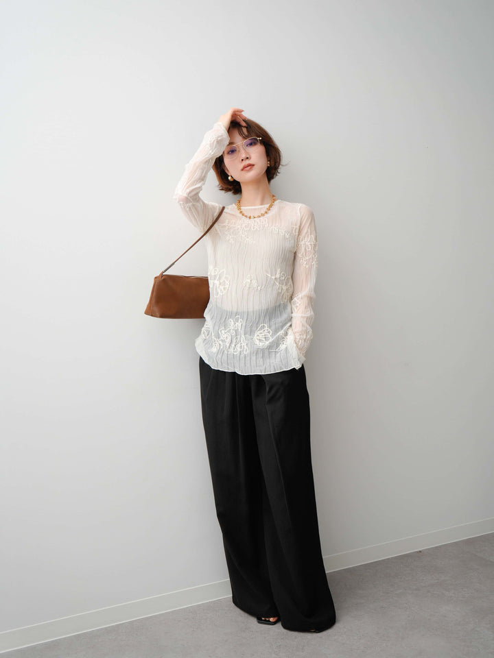 [SET]コード刺繍シアーロングスリーブトップス+コード刺繍シアーロングスリーブトップス(2set)
