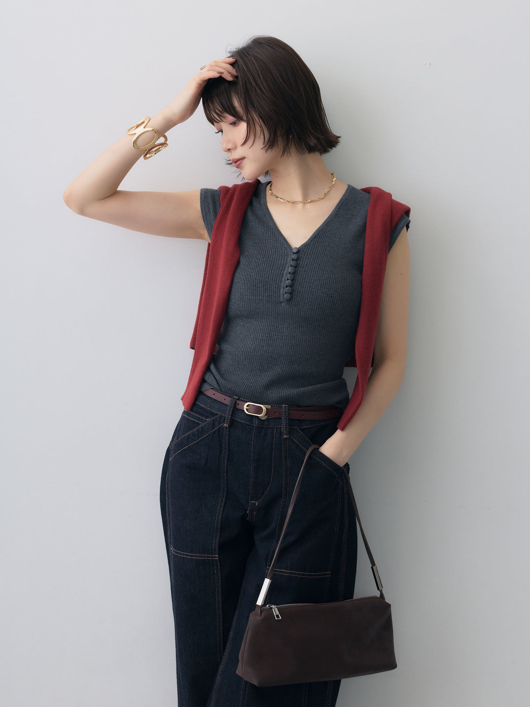[SET]くるみボタンスリムフレンチニットトップス+くるみボタンスリムフレンチニットトップス(2set)
