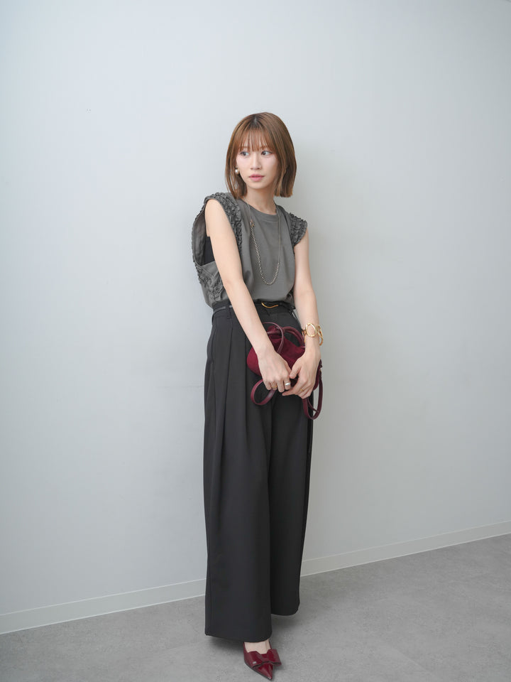 [SET]ホイップフリルフレンチTEE+クレープデシンタックワイドパンツ(2set)