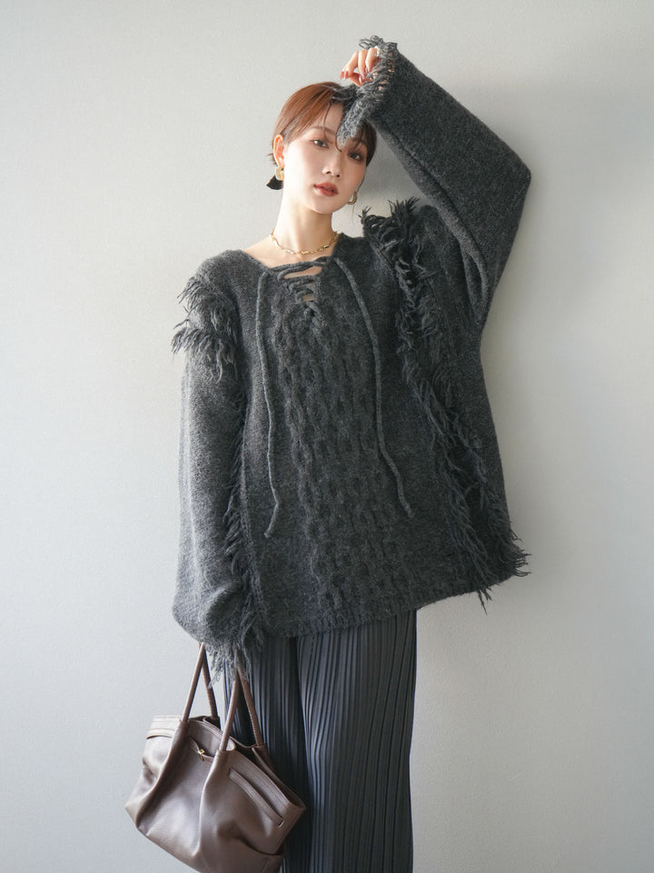 [予約]レースアップフリンジニットプルオーバー/gray